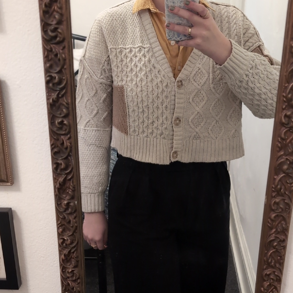 American Eagle Outfitters Cream Patchwork Cardigan (Cropped)